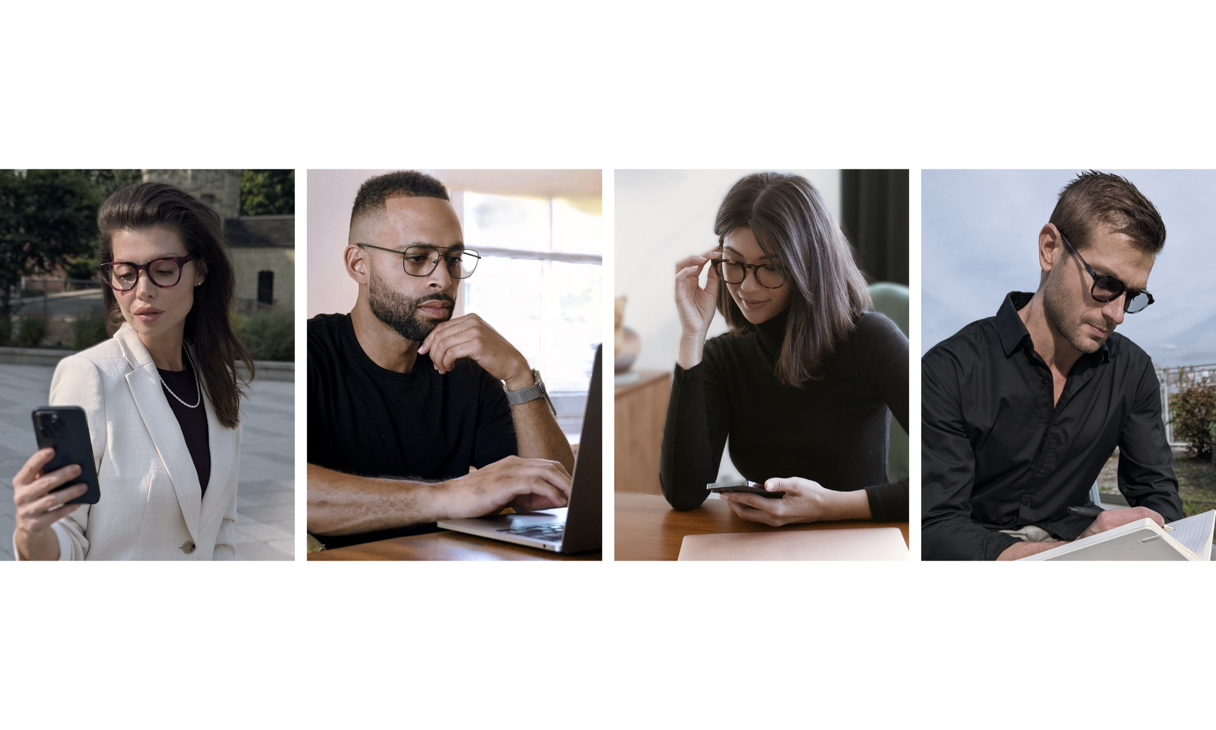 Reading Glasses- using a phone, at work on a laptop, reading a phone, and working on a tablet.