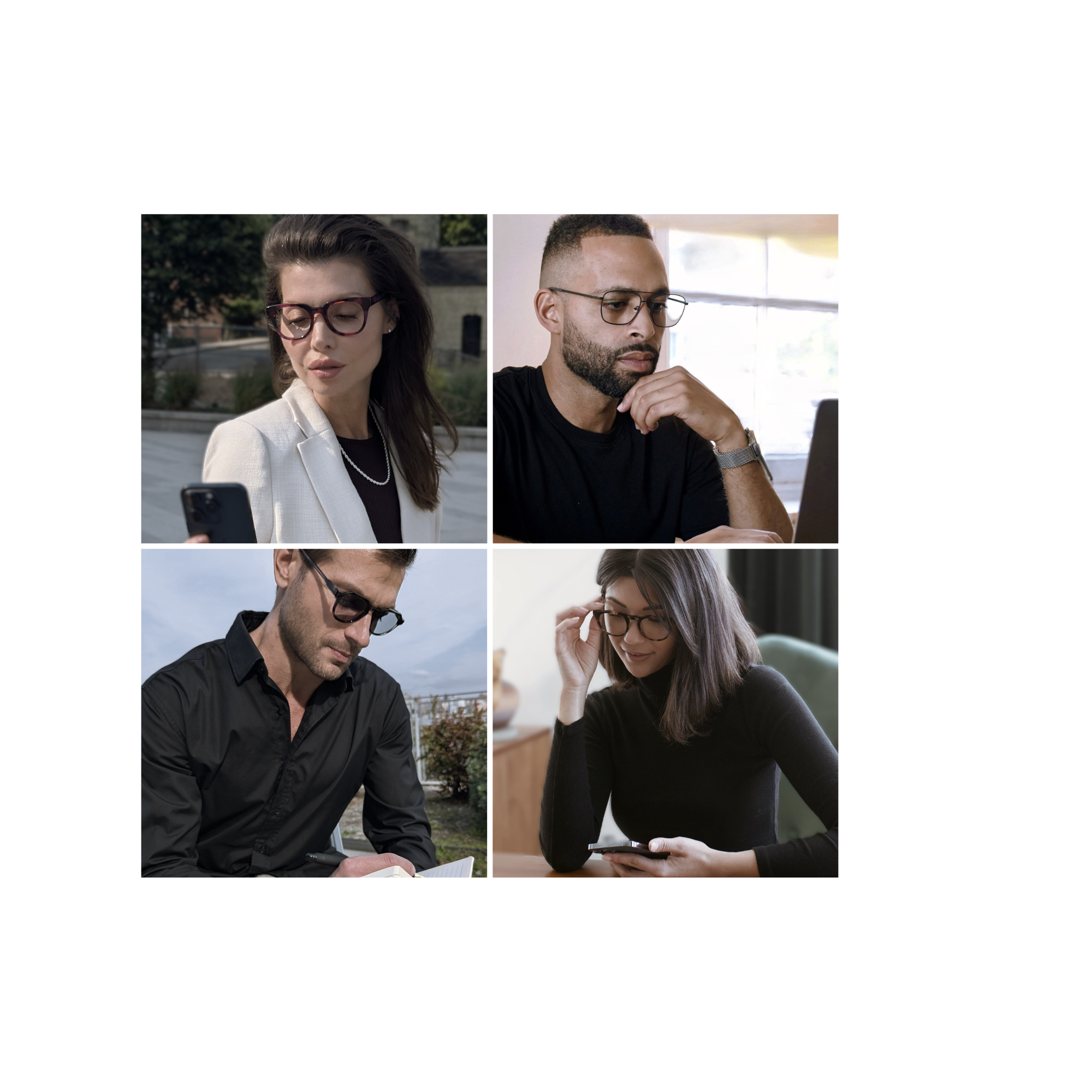 Reading  Glasses- using a phone, at work on a laptop, reading a phone, and working on a tablet.