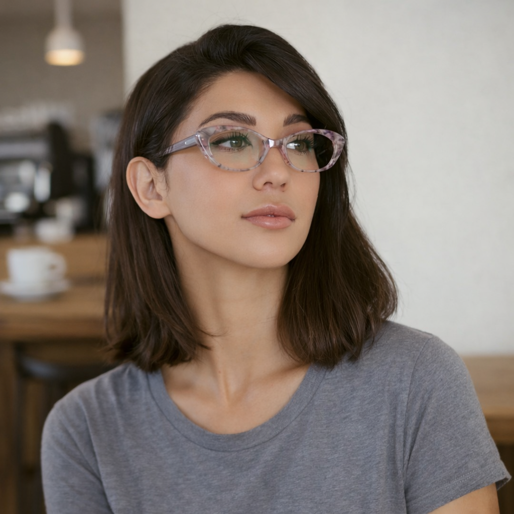 wearing cat-eye reading glasses in a translucent pinkish frame  with clear blue light blocking lenses | Renee&