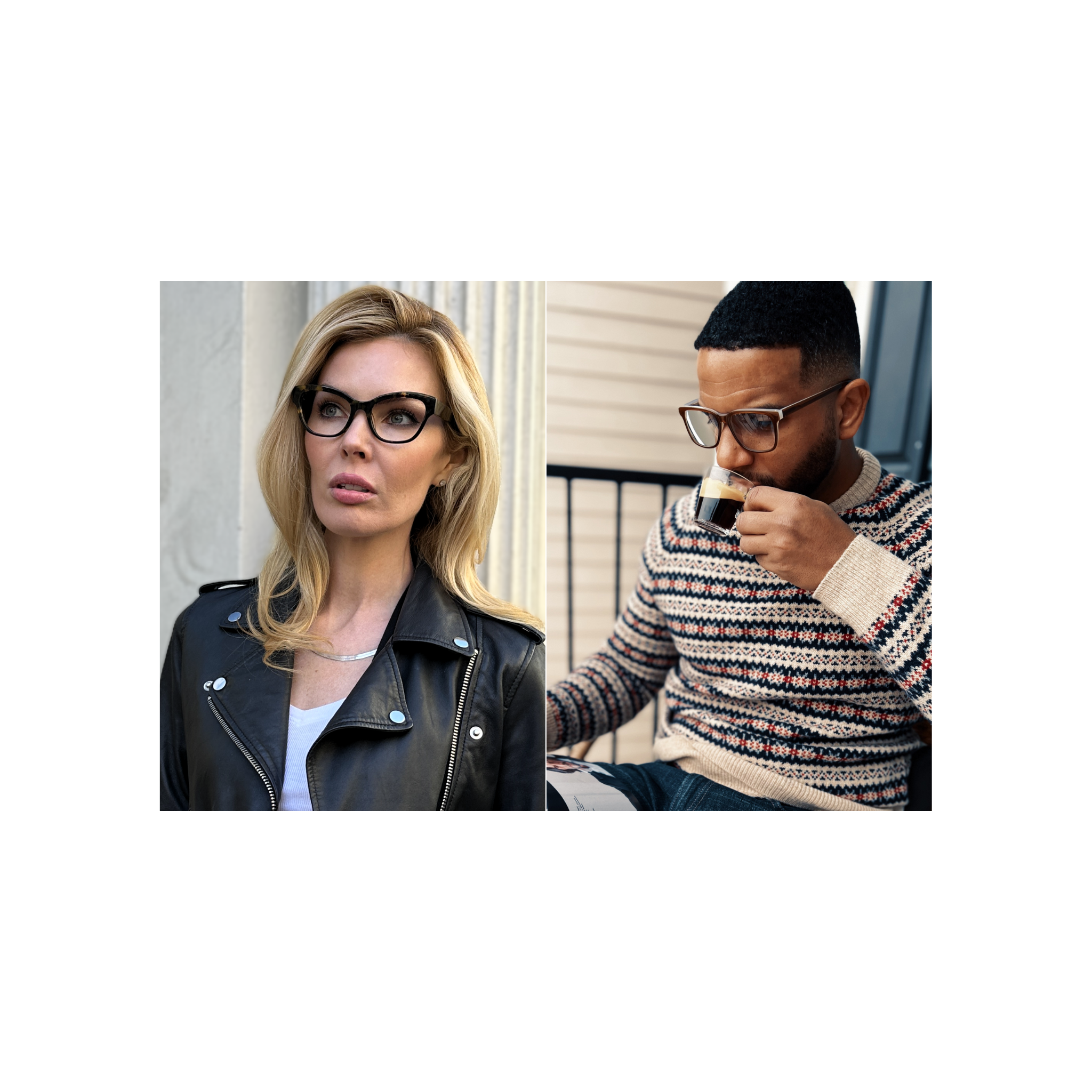 women wearing reading glasses, man reading while drinking coffee