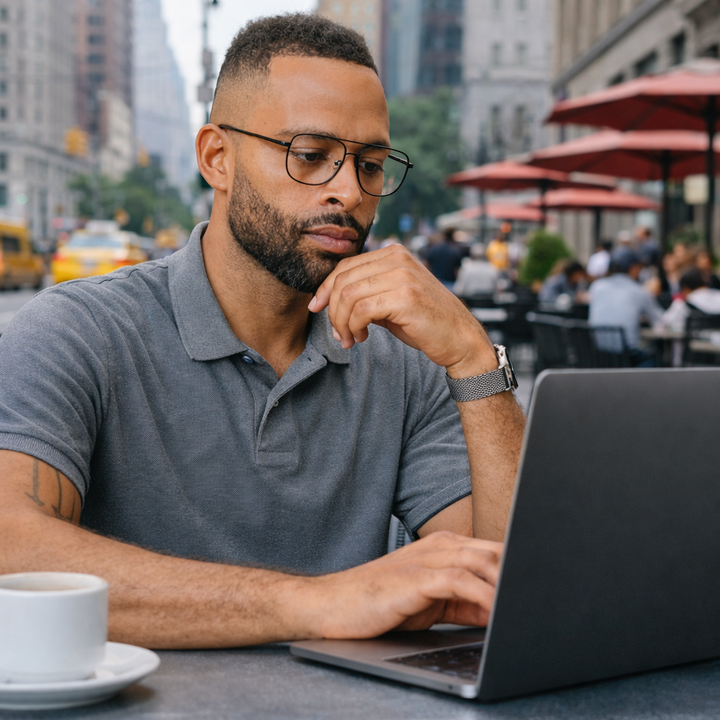 wearing thin metal aviator reading glasses looking thoughtfully at a laptop computer- Renee&