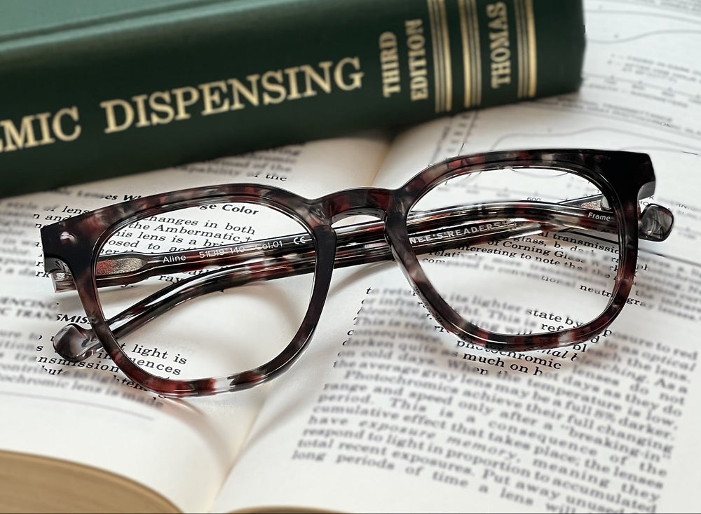 Tortoiseshell glasses on an  book Renee's Readers