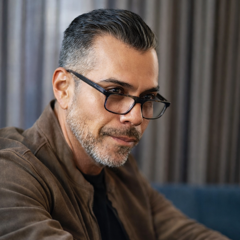 man wearing half frame readers -Renee&