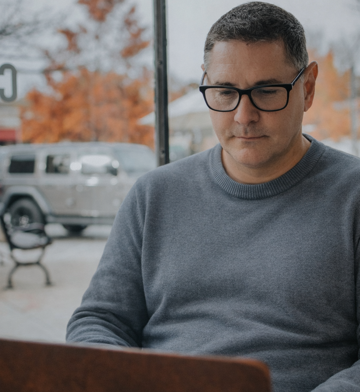 man wearing reading glasses looking at his laptop- Renee&